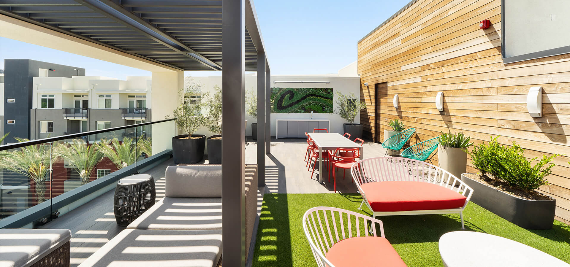 Rooftop lounge with seating areas